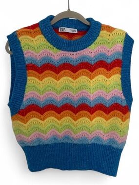 Zara Rainbow Crochet Knit Vest with Blue Trim